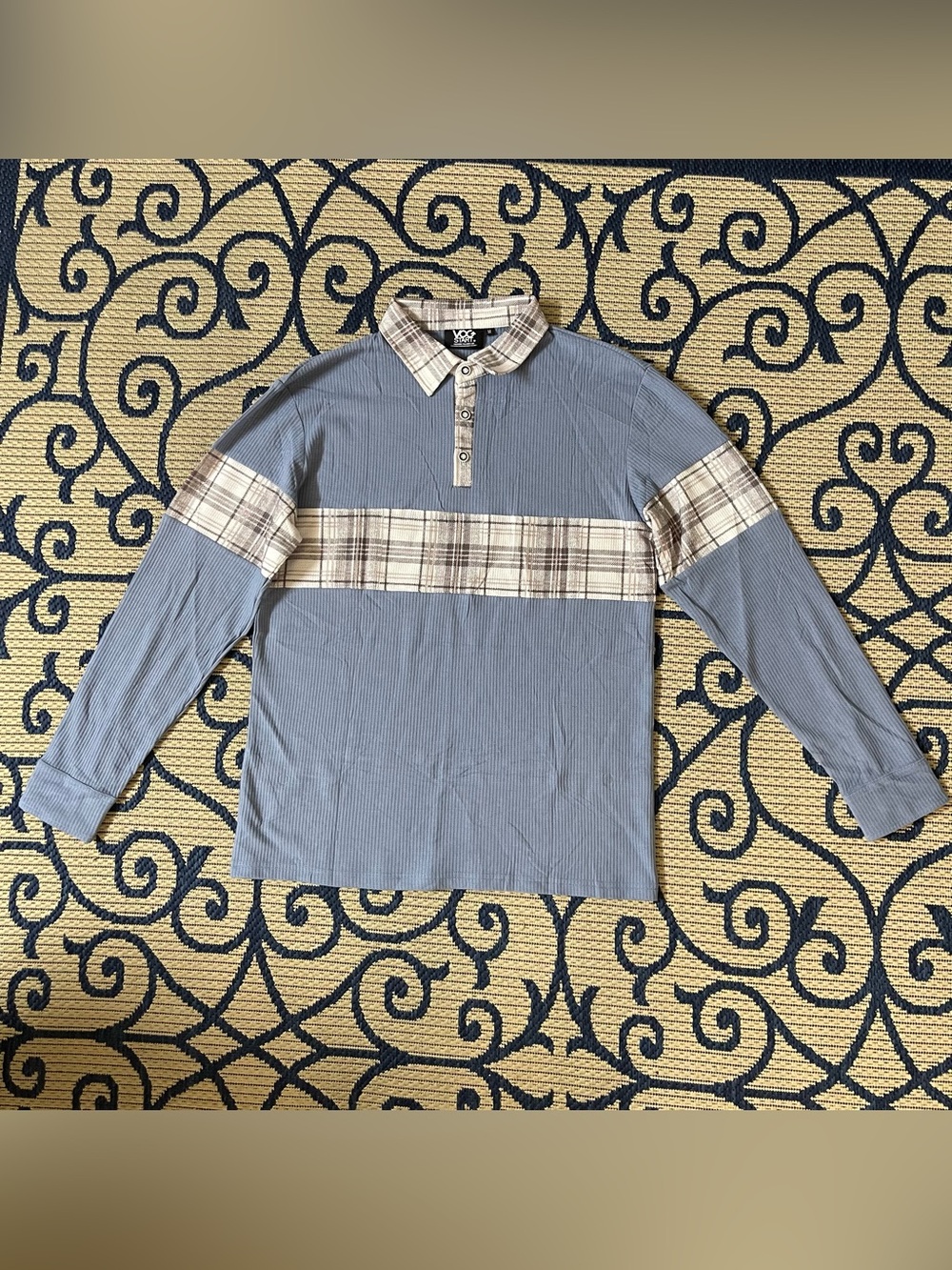 Long-Sleeve Polo Shirt in Slate Blue with Plaid Trim